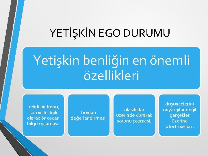 YETİŞKİN EGO DURUMU Yetişkin benliğin en önemli özellikleri belirli bir konu, sorun ile ilgili
