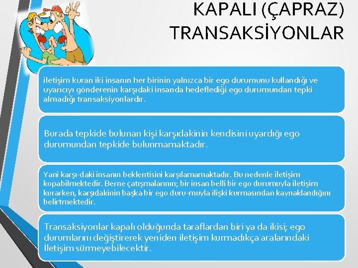 KAPALI (ÇAPRAZ) TRANSAKSİYONLAR iletişim kuran iki insanın her birinin yalnızca bir ego durumunu kullandığı