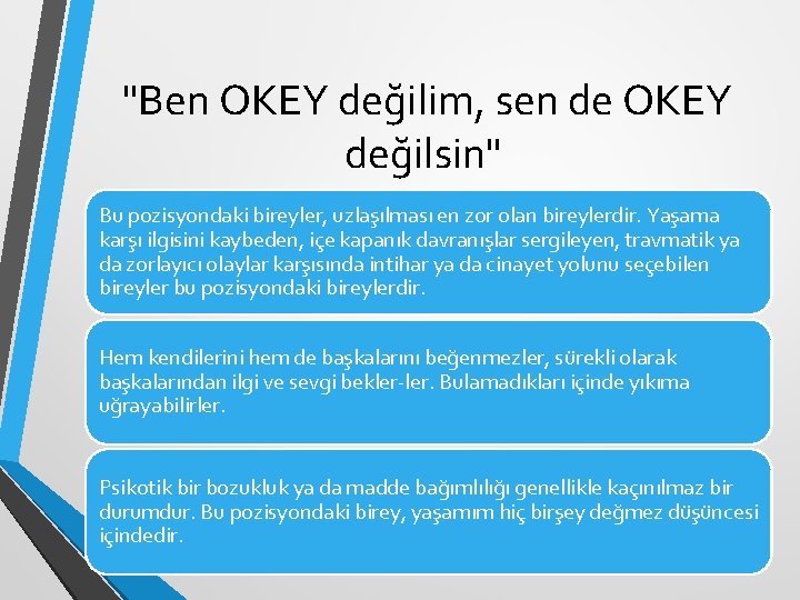 "Ben OKEY değilim, sen de OKEY değilsin" Bu pozisyondaki bireyler, uzlaşılması en zor olan