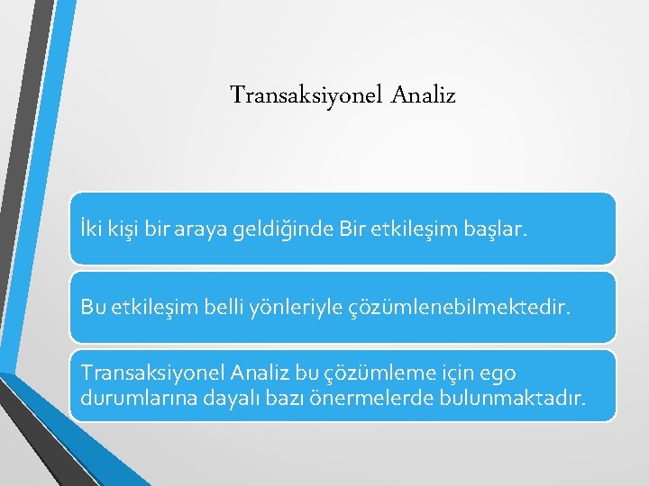 Transaksiyonel Analiz İki kişi bir araya geldiğinde Bir etkileşim başlar. Bu etkileşim belli yönleriyle
