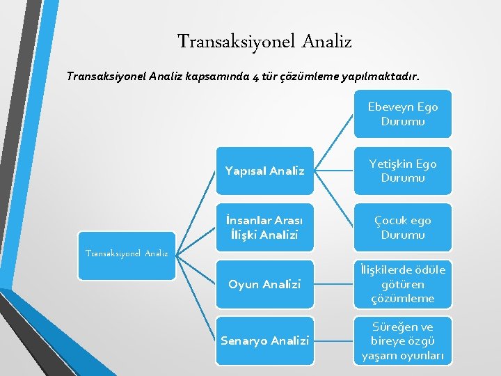 Transaksiyonel Analiz kapsamında 4 tür çözümleme yapılmaktadır. Ebeveyn Ego Durumu Yapısal Analiz Yetişkin Ego