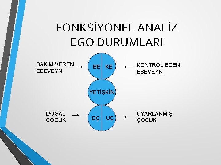 FONKSİYONEL ANALİZ EGO DURUMLARI BAKIM VEREN EBEVEYN BE KE KONTROL EDEN EBEVEYN YETİŞKİN DOĞAL