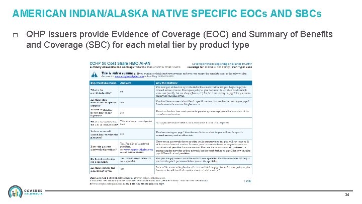 AMERICAN INDIAN/ALASKA NATIVE SPECIFIC EOCs AND SBCs □ QHP issuers provide Evidence of Coverage