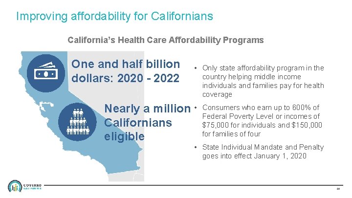 Improving affordability for Californians California’s Health Care Affordability Programs One and half billion dollars: