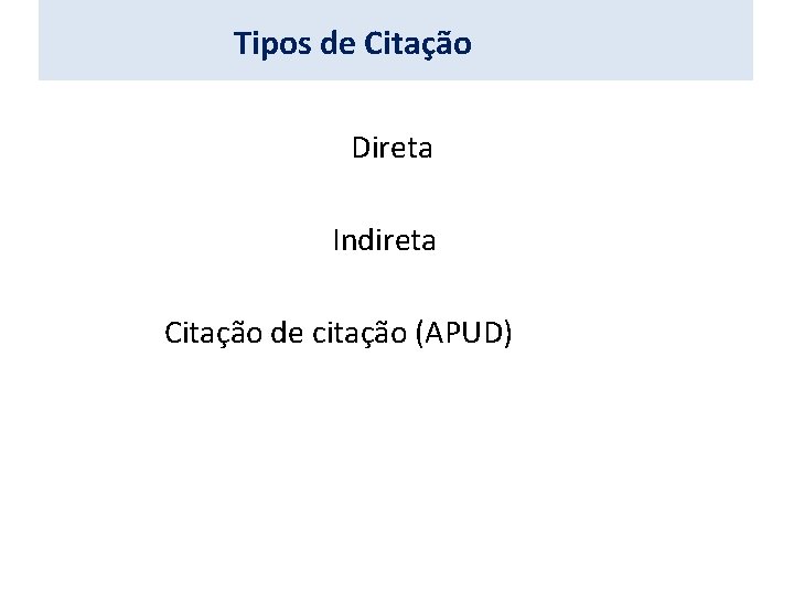 Tipos de Citação Direta Indireta Citação de citação (APUD) 