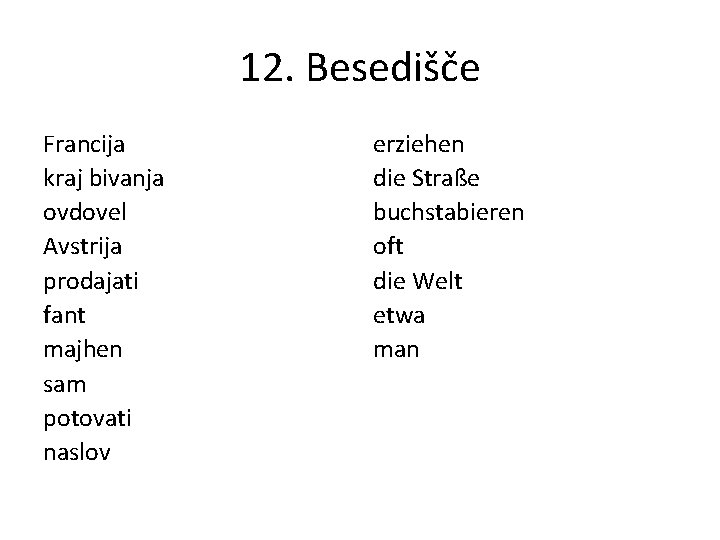 12. Besedišče Francija kraj bivanja ovdovel Avstrija prodajati fant majhen sam potovati naslov erziehen