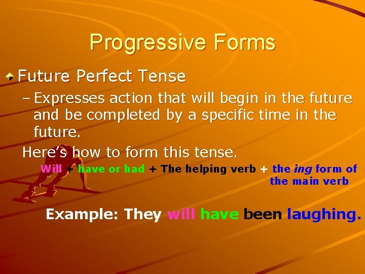 Progressive Forms Future Perfect Tense – Expresses action that will begin in the future