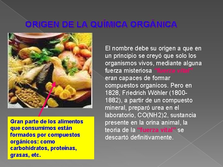 ORIGEN DE LA QUÍMICA ORGÁNICA Gran parte de los alimentos que consumimos están formados