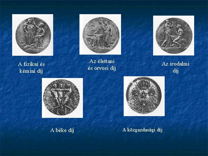 Az élettani és orvosi díj A fizikai és kémiai díj A béke díj Az