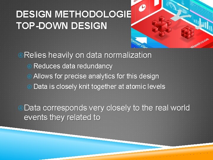 DESIGN METHODOLOGIES TOP-DOWN DESIGN Relies heavily on data normalization Reduces data redundancy Allows for