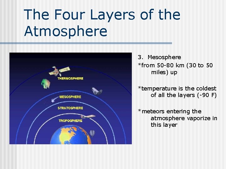 The Four Layers of the Atmosphere 3. Mesosphere *from 50 -80 km (30 to