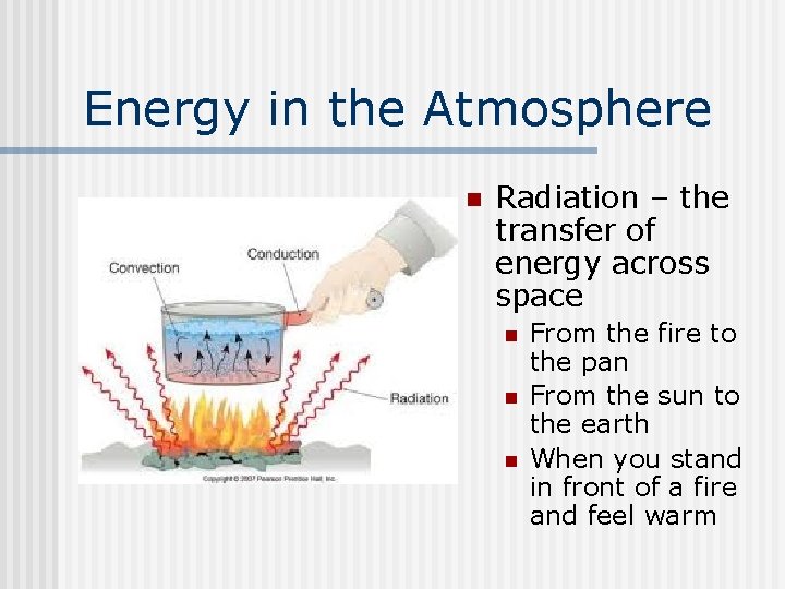 Energy in the Atmosphere n Radiation – the transfer of energy across space n