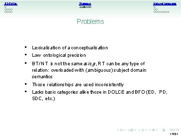 RDBMSs Thesauri Natural language Problems • Lexicalisation of a conceptualisation • Low ontological precision