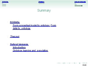 RDBMSs Thesauri Natural language Summary 1 RDBMSs From conceptual model to ontology From data