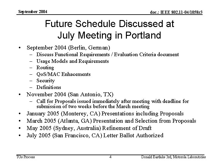 September 2004 doc. : IEEE 802. 11 -04/1058 r 3 Future Schedule Discussed at