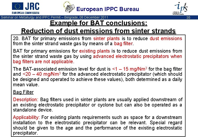 European IPPC Bureau Seminar on Metallurgy and IPPC Permit – Belgrade, 08 December 2011