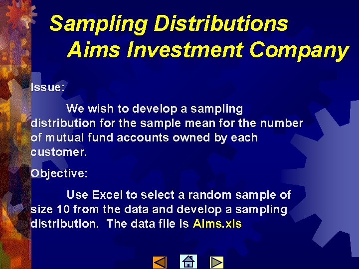 Sampling Distributions Aims Investment Company Issue: We wish to develop a sampling distribution for