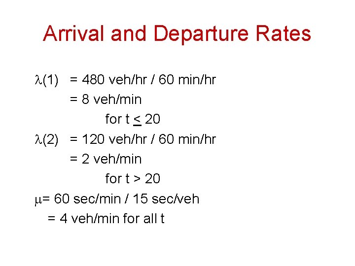 Arrival and Departure Rates l(1) = 480 veh/hr / 60 min/hr = 8 veh/min