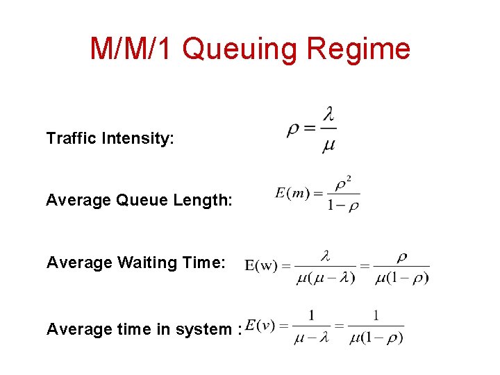 M/M/1 Queuing Regime Traffic Intensity: Average Queue Length: Average Waiting Time: Average time in