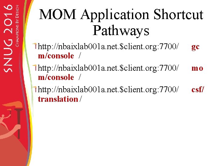 MOM Application Shortcut Pathways http: //nbaixlab 001 a. net. $client. org: 7700/ m/console /