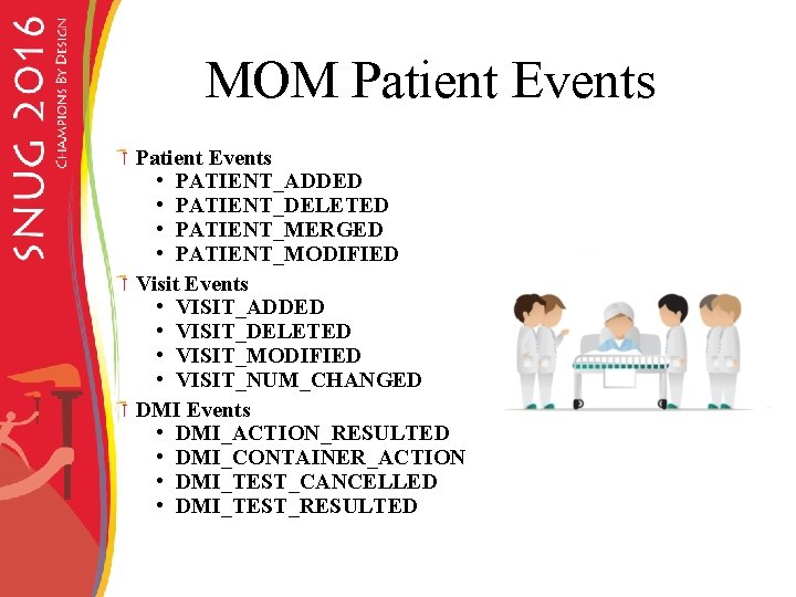 MOM Patient Events • PATIENT_ADDED • PATIENT_DELETED • PATIENT_MERGED • PATIENT_MODIFIED Visit Events •
