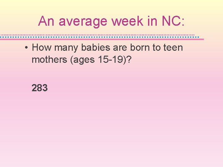 An average week in NC: • How many babies are born to teen mothers