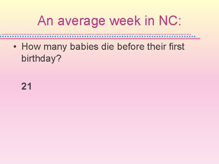 An average week in NC: • How many babies die before their first birthday?