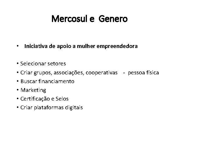 Mercosul e Genero • Iniciativa de apoio a mulher empreendedora • Selecionar setores •