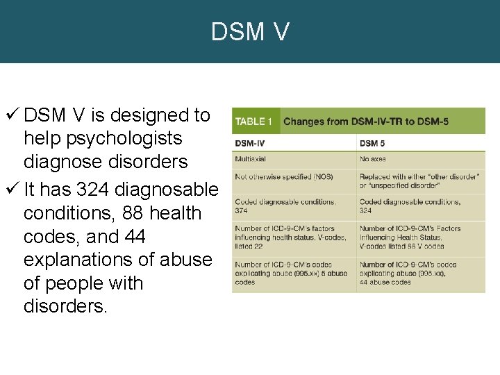 DSM V ü DSM V is designed to help psychologists diagnose disorders ü It
