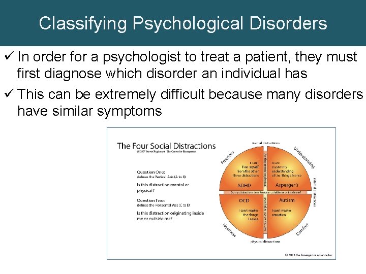 Classifying Psychological Disorders ü In order for a psychologist to treat a patient, they
