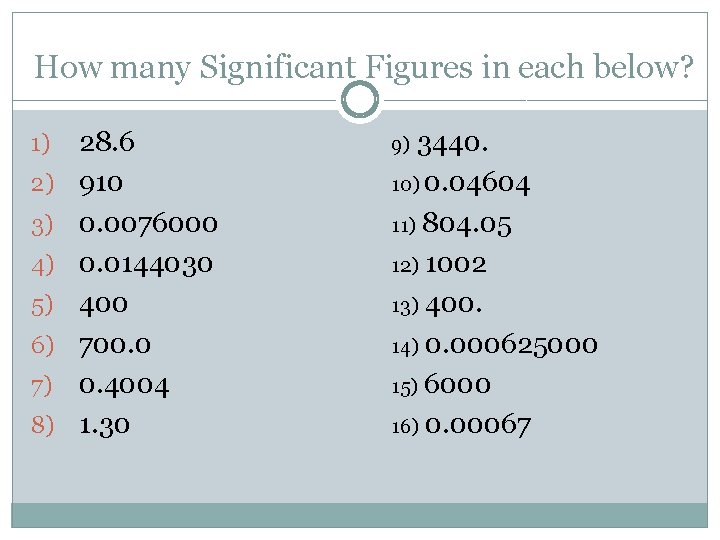 How many Significant Figures in each below? 1) 2) 3) 4) 5) 6) 7)