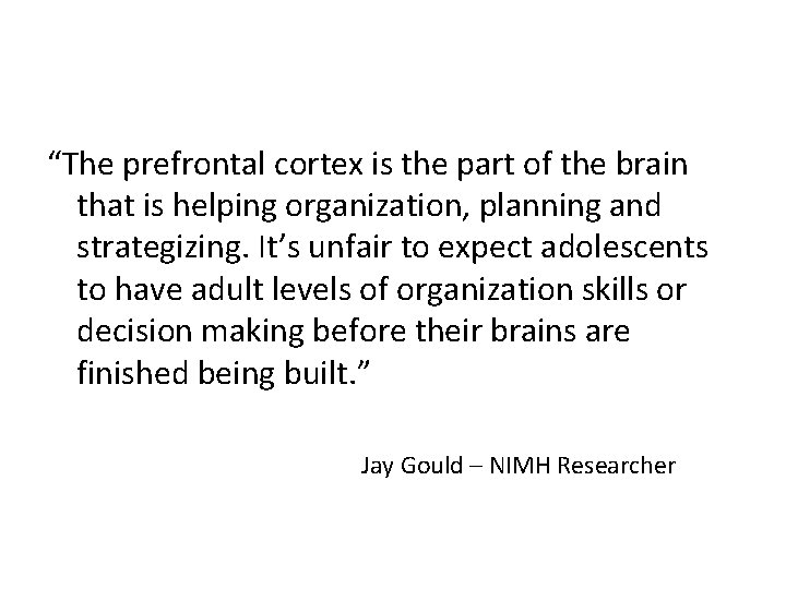 “The prefrontal cortex is the part of the brain that is helping organization, planning