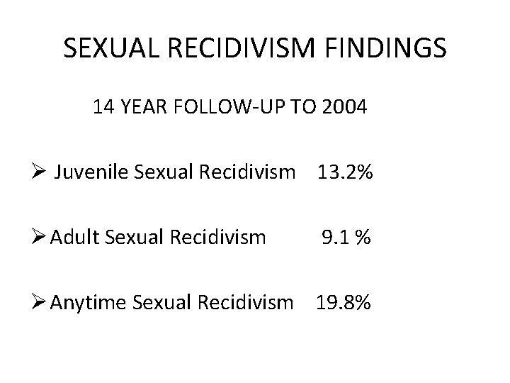 SEXUAL RECIDIVISM FINDINGS 14 YEAR FOLLOW-UP TO 2004 Ø Juvenile Sexual Recidivism 13. 2%