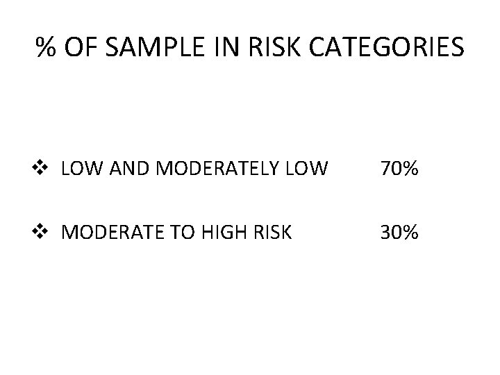 % OF SAMPLE IN RISK CATEGORIES v LOW AND MODERATELY LOW 70% v MODERATE