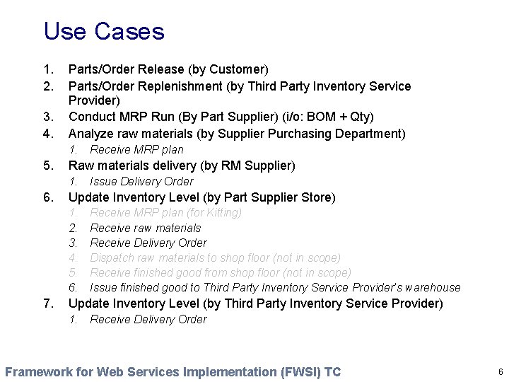 Use Cases 1. 2. 3. 4. Parts/Order Release (by Customer) Parts/Order Replenishment (by Third