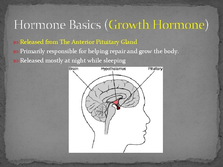 Hormone Basics (Growth Hormone) Released from The Anterior Pituitary Gland Primarily responsible for helping