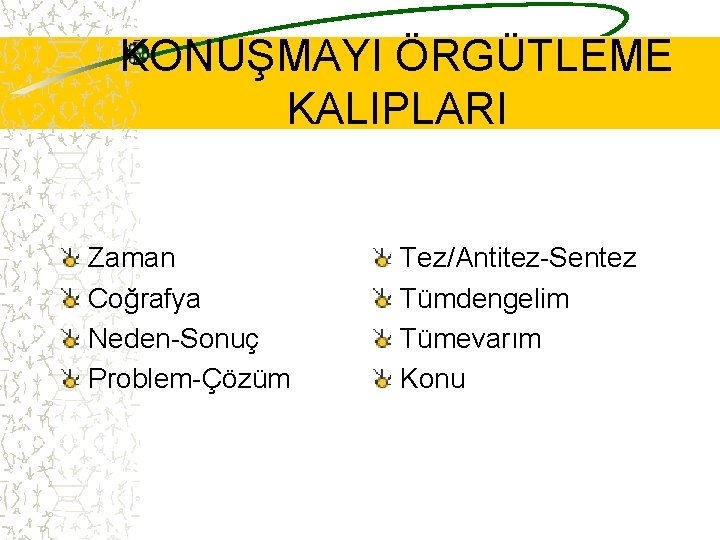 KONUŞMAYI ÖRGÜTLEME KALIPLARI Zaman Coğrafya Neden-Sonuç Problem-Çözüm Tez/Antitez-Sentez Tümdengelim Tümevarım Konu 