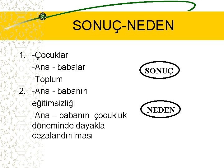 SONUÇ-NEDEN 1. -Çocuklar -Ana - babalar -Toplum 2. -Ana - babanın eğitimsizliği -Ana –