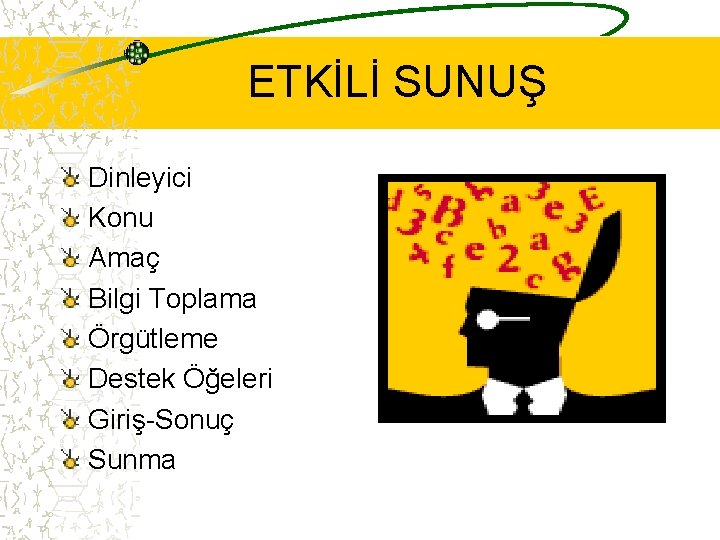 ETKİLİ SUNUŞ Dinleyici Konu Amaç Bilgi Toplama Örgütleme Destek Öğeleri Giriş-Sonuç Sunma 