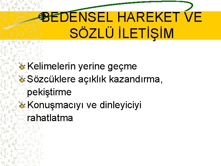 BEDENSEL HAREKET VE SÖZLÜ İLETİŞİM Kelimelerin yerine geçme Sözcüklere açıklık kazandırma, pekiştirme Konuşmacıyı ve