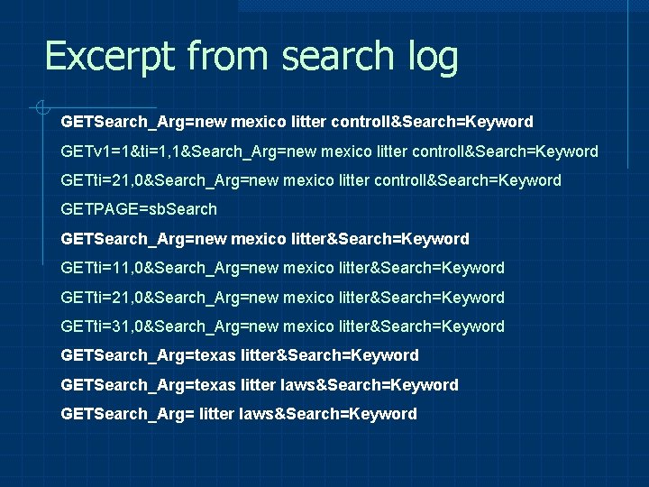 Excerpt from search log GETSearch_Arg=new mexico litter controll&Search=Keyword GETv 1=1&ti=1, 1&Search_Arg=new mexico litter controll&Search=Keyword