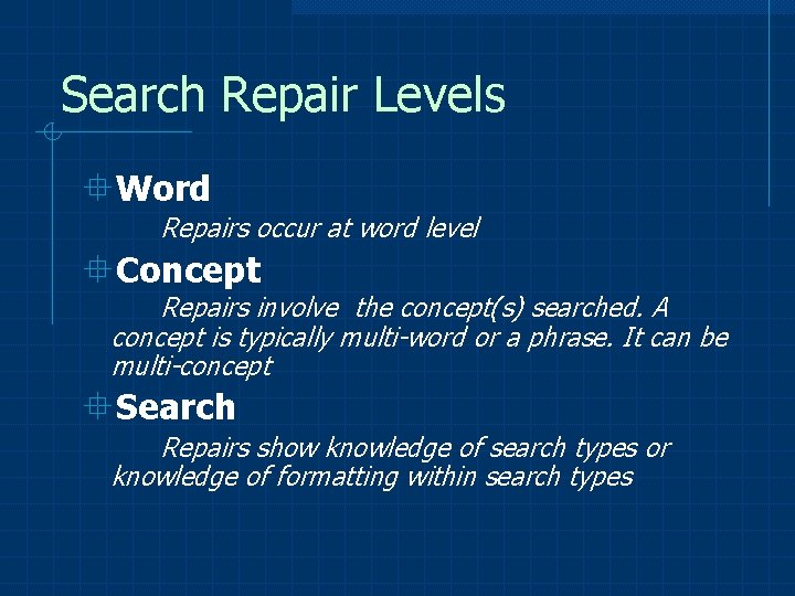 Search Repair Levels °Word Repairs occur at word level °Concept Repairs involve the concept(s)