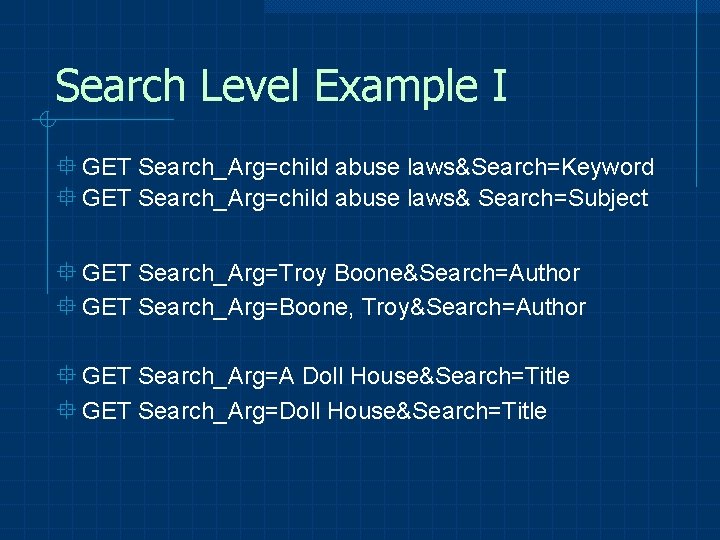 Search Level Example I ° GET Search_Arg=child abuse laws&Search=Keyword ° GET Search_Arg=child abuse laws&