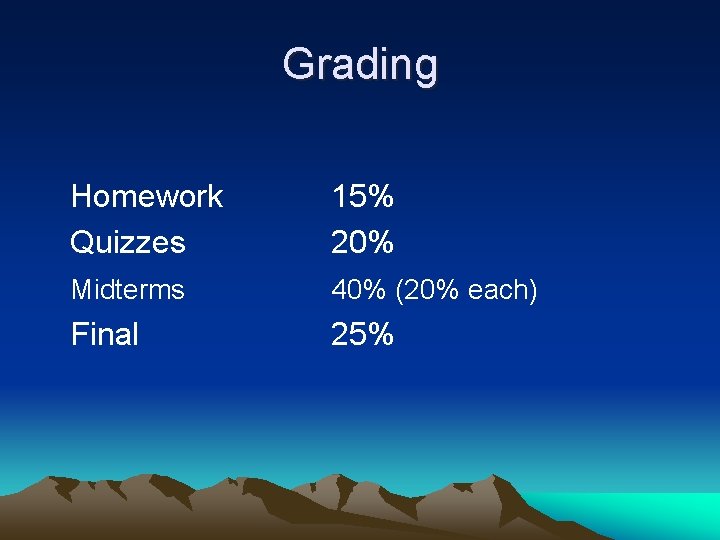 Grading Homework Quizzes 15% 20% Midterms 40% (20% each) Final 25% 