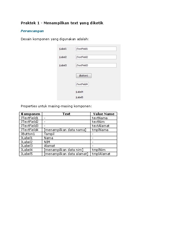 Praktek 1 - Menampilkan text yang diketik Perancangan Desain komponen yang digunakan adalah: Properties Praktek 1 - Menampilkan text yang diketik Perancangan Desain komponen yang digunakan adalah: Properties