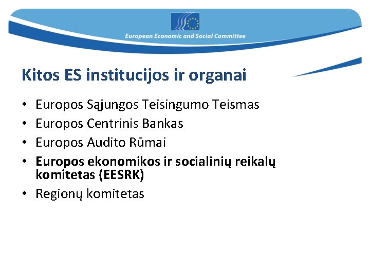 Kitos ES institucijos ir organai Europos Sąjungos Teisingumo Teismas Europos Centrinis Bankas Europos Audito