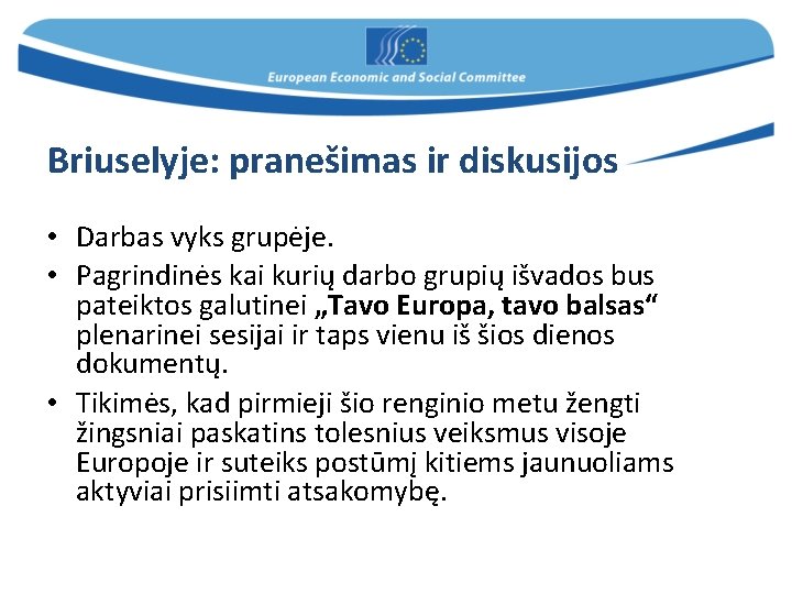 Briuselyje: pranešimas ir diskusijos • Darbas vyks grupėje. • Pagrindinės kai kurių darbo grupių