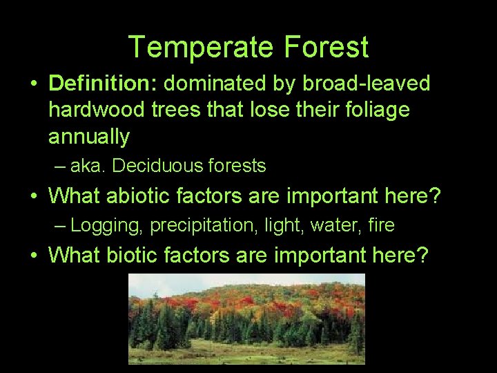 Temperate Forest • Definition: dominated by broad-leaved hardwood trees that lose their foliage annually