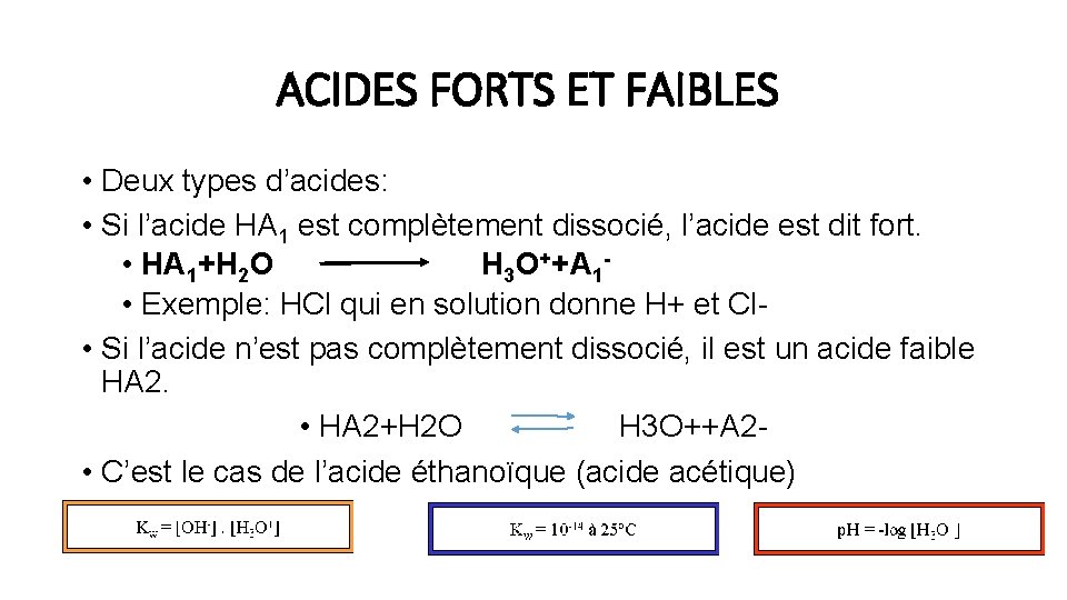 ACIDES FORTS ET FAIBLES • Deux types d’acides: • Si l’acide HA 1 est