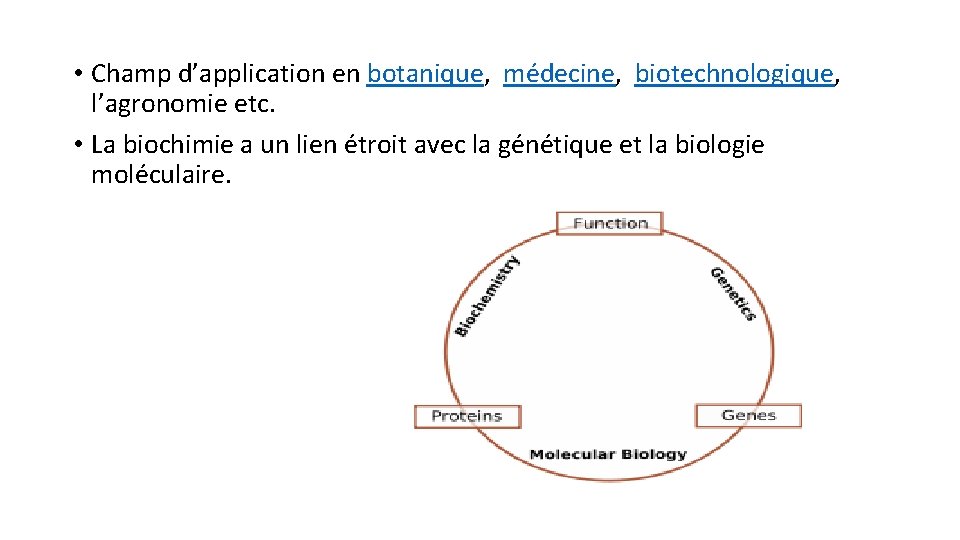  • Champ d’application en botanique, médecine, biotechnologique, l’agronomie etc. • La biochimie a